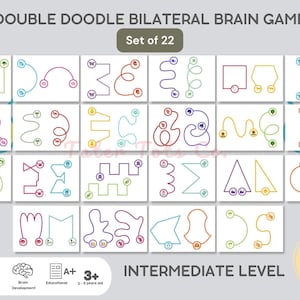 May include: A set of 22 double doodle bilateral brain game cards for kids ages 3 and up. The cards feature a variety of colorful lines and shapes that children can trace with their fingers. The game is designed to help children develop their hand-eye coordination, focus, and brain development. The cards are labeled "Intermediate Level" and are part of a set of 22.