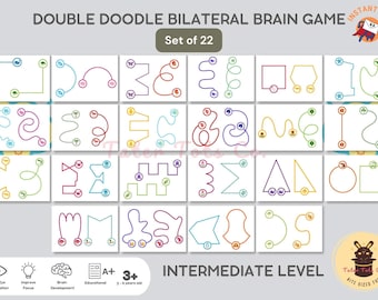 Double Doodle Bilateral Brain Game - Intermediate Level for Cognitive Skills Training | Set of 22 Puzzles Instant Download PDF