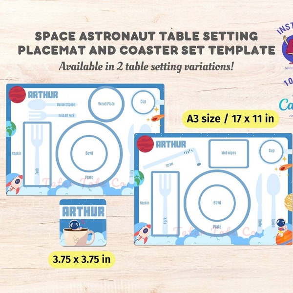 Space Astronaut Educational Table Setting Manners, Etiquette Placemat and Coaster Set for kids Fully Editable Canva Template Instant Access