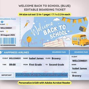 Willkommen zurück in der Schule Bordkarte - Blauer Flugpass für den ersten Schultag des Schülers - Sofortiger Download PDF