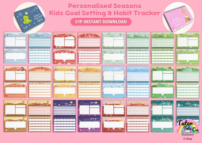 Personalised Habit Tracker for Kids, 12 month undated calendar planner template with Seasons Goal Setting and Summary PDF