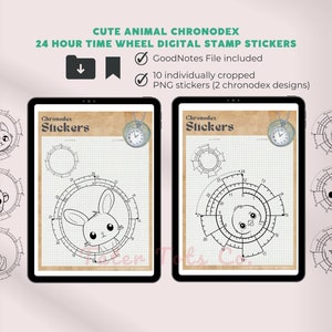 May include: Digital stickers for the Chronodex time wheel planner. The stickers feature cute animal illustrations, including a cat, hamster, dog, bunny, panda, and bird. The stickers are designed for use with the GoodNotes app.