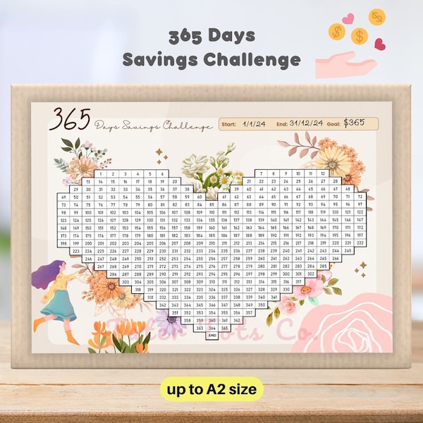 365 Days Year Savings Challenge Habit Tracker Flower Floral Heart Pixel Coloring Page up to A2 size - Instant Download PDF