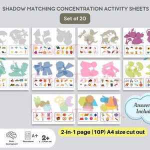 Puede incluir: Conjunto de 20 hojas de actividades de emparejamiento de sombras imprimibles para niños. Cada hoja presenta dos imágenes, una silueta y otra una imagen colorida. Las imágenes incluyen una variedad de objetos, como animales, vehículos y comida. Las hojas están diseñadas para niños de 3 a 7 años y son perfectas para desarrollar la coordinación ojo-mano, la concentración y el desarrollo del cerebro.