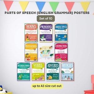 May include: A set of 10 colorful educational posters for kids, featuring different parts of speech in English grammar. Each poster has a fun summer theme with illustrations and examples. The posters are up to A3 size and can be cut out.