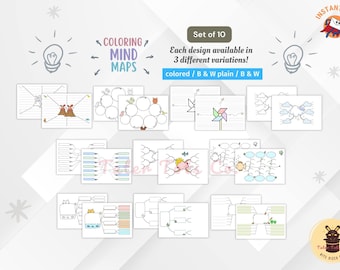 Mind Map Write and Color Templates - Simple Graphic Organizer - Classroom and Kids Notetaking Instant Download PDF