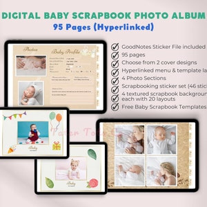 Digital Baby Photo Album Boy and Girl First Year Memory Book with Hyperlinked Menu and Layouts Good Notes Scrapbook with Stickers PDF