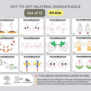 Puede incluir: Un conjunto de 12 rompecabezas de puntos a puntos imprimibles para niños. Los rompecabezas presentan varias imágenes, incluyendo un barco, una flor, un pez y un molino de viento. Los rompecabezas están diseñados para ayudar a los niños a desarrollar habilidades motoras finas, coordinación ojo-mano y habilidades visoespaciales. Los rompecabezas están etiquetados como "Rompecabezas bilateral de puntos a puntos" y son adecuados para niños de 4 años en adelante.