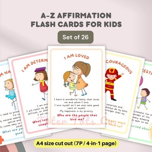 Tarjetas didácticas del alfabeto con afirmaciones para niños, notas de agradecimiento, diario, herramientas de aprendizaje positivas para niños, descarga instantánea en formato PDF