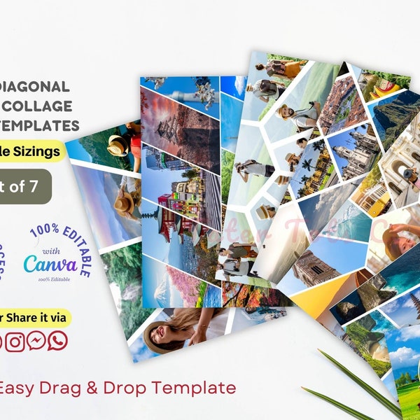 Split Diagonal Frames Photo Collage Canva Template Bundle Grid Layout Travel Trip Organization Instant Access