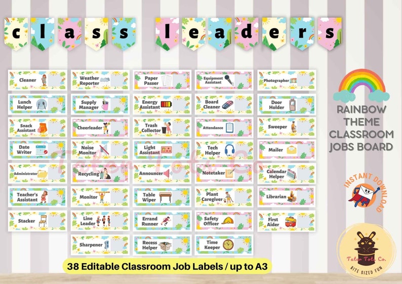 Classroom jobs Board pastel rainbow, Classroom Decoration, Classroom Bunting, bulletin board decor, Job name Labels Editable PDF