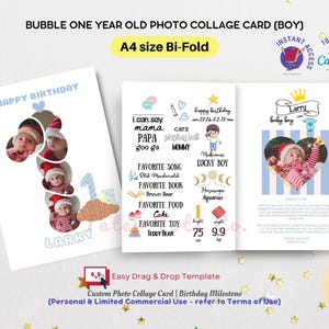 Carte d'anniversaire à bulles numéro 1 avec profil/objets préférés pour garçon d'un an - Modèle sur toile pour collage photo Milestone, accès instantané