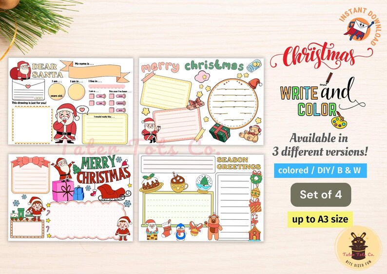Christmas Coloring and Writing Poster Bundle and Templates - Fun Seasonal Activity for Kids - Instant Download PDF