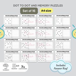 Puede incluir: Un conjunto de 16 rompecabezas de puntos a conectar y memoria en blanco y negro impresos en papel tamaño A4. Los rompecabezas están diseñados para niños de 7 años en adelante e incluyen una clave de respuestas. Los rompecabezas están diseñados para mejorar la coordinación ojo-mano, la concentración y el desarrollo del cerebro.