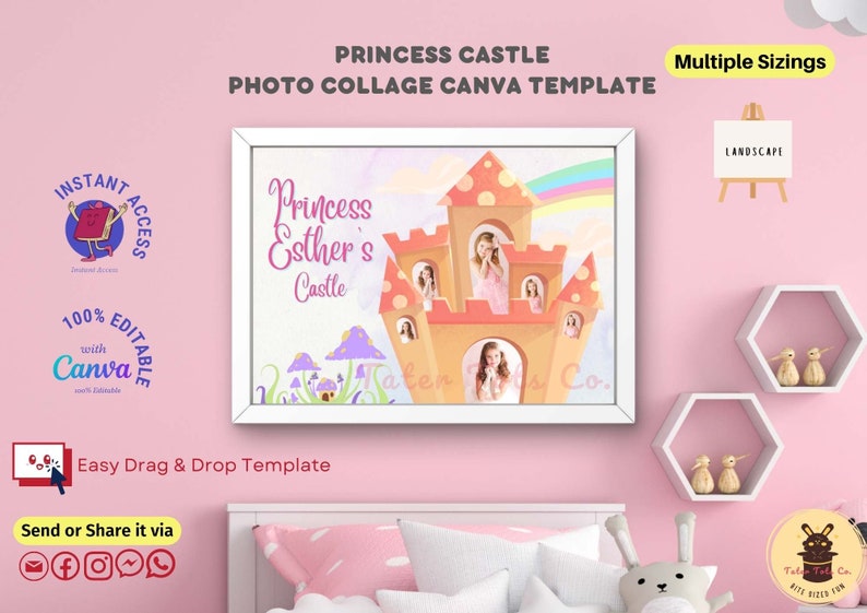 Princess Mushroom Castle Photo Collage Landscape Canva template displaying a magical mushroom castle surrounded by mushrooms suitable as a princess or birthday-themed decor and wall art for girls.