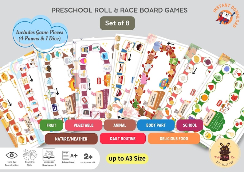 Preschool Vocabulary Building and Learning Board Roll and Race Games Suitable for Early Learners | Set of 8 Instant Download PDF