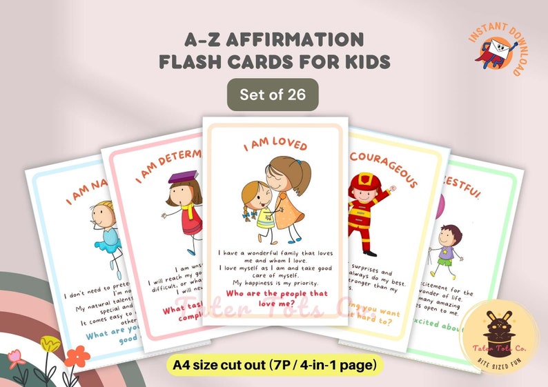 Here are 26 Affirmation Alphabets that instill good habits and traits in young kids! You can use affirmation cards in your child’s daily activities and home-based activities. Each card has a daily journal prompt for discussion and self reflection. #affiirmationsforkids #flashcardsforkids #positiveparenting