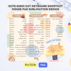 May include: A rectangular mouse pad with a sushi cat design. The pad features keyboard shortcuts for Word, PowerPoint, and Excel. It measures 9 x 7.5 inches and includes the text "Enjoy the Sushi."