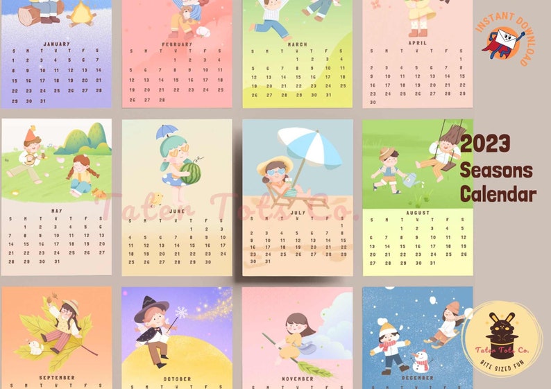 Printable 2023 Calendar Four Seasons for desk, wall, classroom or school 4 x 6 inch Instant Download PDF