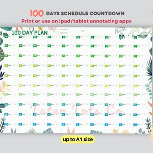 Planejador de Desafios de 100 Dias | Modelo de Cronograma de Contagem Regressiva | Rastreador de Hábitos | Borda de Folhas Tropicais | Download Instantâneo em PDF