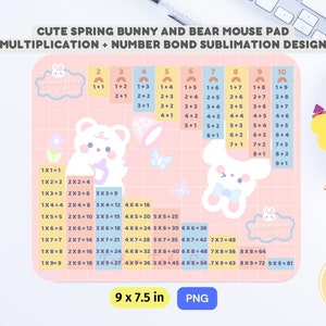 Mignon lapin printanier et ours tableau mathématique de multiplication et de lien numérique tapis de souris PNG sublimation design