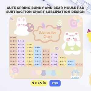 Può includere: Un design di sublimazione per un tappetino per mouse con un coniglio e un orso carini e una tabella di sottrazione. La tabella mostra i numeri da 1 a 10 e le loro corrispondenti equazioni di sottrazione. Il design è in colori pastello con uno sfondo marrone chiaro. Il tappetino per mouse misura 9 x 7,5 pollici.