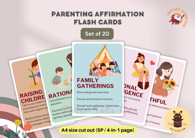 Positive Parenting Affirmation Therapy Flash Cards Set of 20 Guidance and tips Instant Download PDF