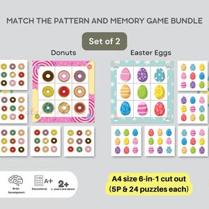 Abbina il modello e il pacchetto di schede di memoria - Abbinamento di ciambelle e uova di Pasqua / Set di 2 giochi con download immediato in formato PDF