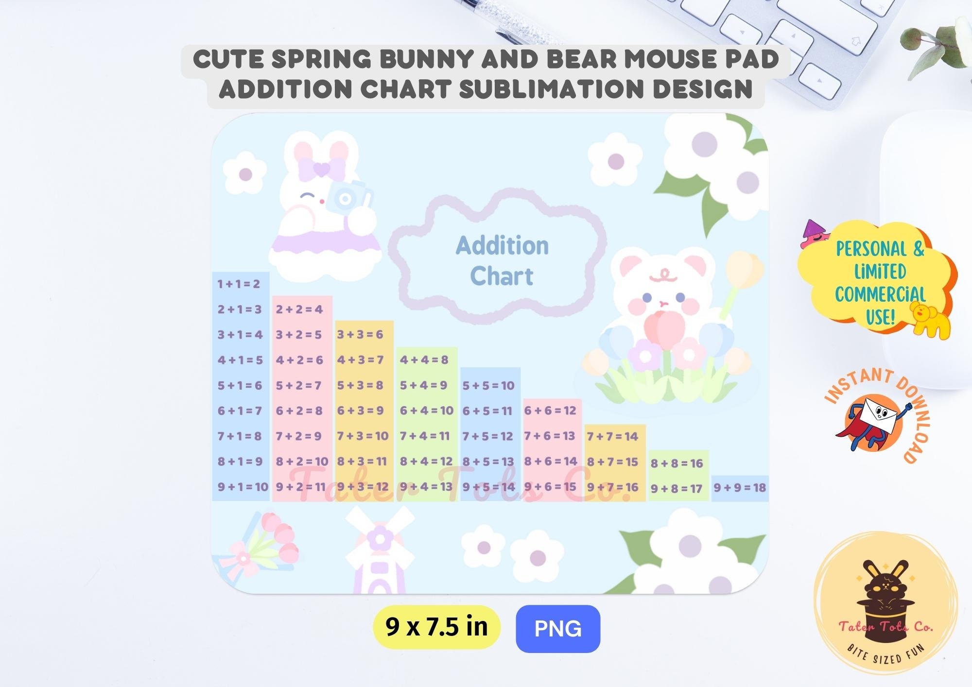 Cute Spring Bunny and Bear, Math Addition Numbers Chart Mousepad Png Sublimation Rectangle Mouse pad Design