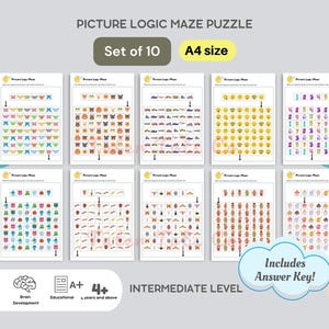 Op de afbeelding: Set van 10 printbare beeldlogica-doolhofpuzzels voor kinderen vanaf 4 jaar. De puzzels zijn ontworpen om kinderen te helpen hun probleemoplossend vermogen te ontwikkelen en hun hand-oogcoördinatie te verbeteren. De puzzels zijn afgedrukt op A4-formaat papier en bevatten een oplossingssleutel.