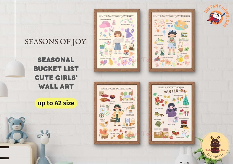 Simple Ways to Enjoy Seasons, Seasonal Hand-drawn Things to Do Bucket List for Girls Room Bundle of 4 piece wall art Instant Download PDF