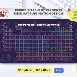 May include: A sublimation design for a desk mat featuring the periodic table of elements. The table is displayed on a dark purple background with a colourful gradient for each element. The design includes the text "The Periodic Table of Elements" and "Key: Symbol". The design is available in two sizes: 90 x 40 cm and 140 x 80 cm.