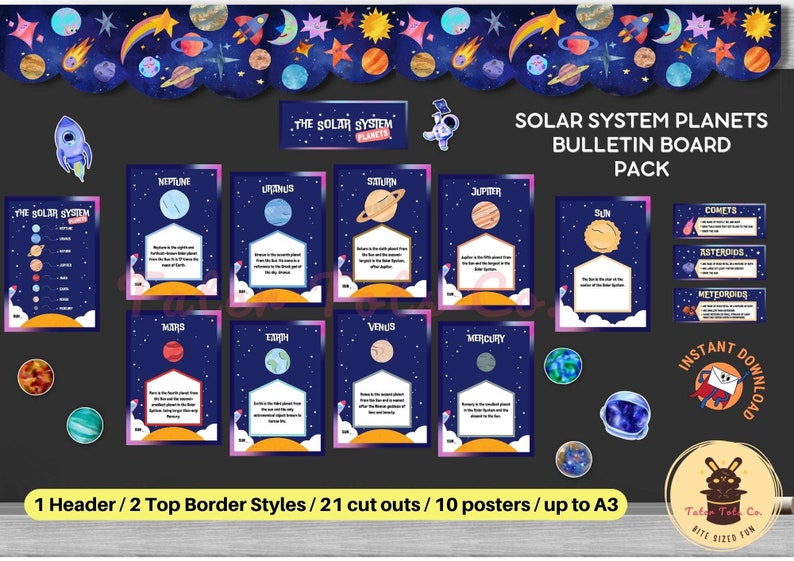 Solar System Planets Bulletin Board Pack with Night Sky Space Border Background, Cut outs and posters Instant Download (PDF)