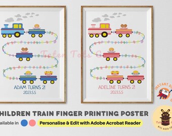 Personalised Children Choo Choo Train Finger print Preschool Art and Craft for Birthday Party, Graduation, Milestone Instant Download PDF