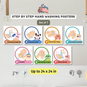 7 Step Wash hands sign for Preschool Toilet Training and Instructions Cute Cartoon Animals Theme Instant Download (PDF)