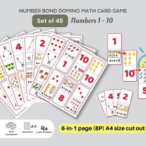Gioco di carte matematiche Domino a catena da 10 legami numerici - Apprendimento interattivo di aritmetica precoce Download immediato PDF
