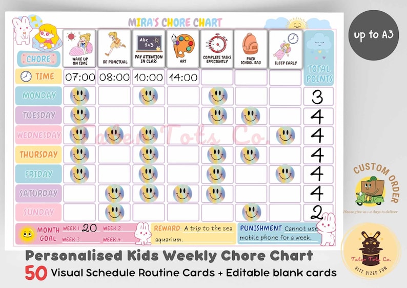 Personalised Kids Weekly Chore Chart Visual Schedule with Sticker Rewards for Behavior Training PDF