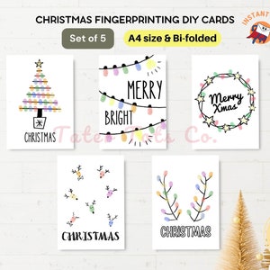 Fingerabdruck-Weihnachtskarten mit Baum, Lichtern, Rentier und Kranz, Kinder Basteln Sofortiger Download