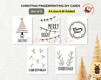 Fun Christmas Doodle Fingerprint Art Cards with Tree, Lights, Reindeer and Wreath, Kids Craft Activity Instant Download