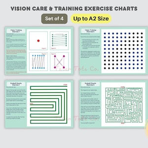 Pode incluir: Conjunto de quatro tabelas de exercícios de cuidados e treino da visão, até o tamanho A2. As tabelas incluem exercícios de treino da visão, treino dos músculos oculares e rastreamento ocular. As tabelas são impressas em papel branco com uma borda verde e apresentam pontos pretos e azuis, linhas verdes e círculos vermelhos e roxos.