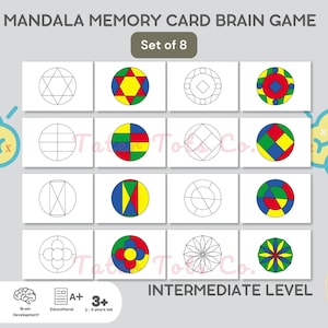 Juego de memoria fotográfica de mandalas imprimible - Entrenamiento cerebral y de atención / Nivel intermedio - Juego de 8 rompecabezas (Descarga instantánea en PDF)