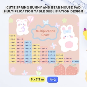 May include: A rectangular mouse pad with a multiplication chart design. The pad features cute illustrations of a bear and bunny, along with a multiplication table. The pad measures 9 x 7.5 inches.