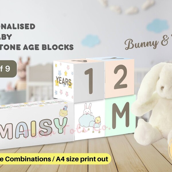 Personalized DIY Number Age Square Blocks for Creative Baby Photo Memories - Pastel Sweet Bunny and Chick Design Custom Order PDF