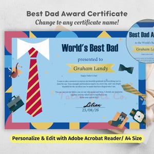 Certificado de Premio al Mejor Papá - El Mejor Padre del Mundo, Certificado de Regalo para el Día del Padre, Descarga Instantánea en PDF Editable
