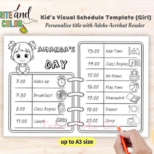 Puede incluir: Una plantilla de horario visual imprimible en blanco y negro para niños. La plantilla presenta la cara de una niña, un reloj, un libro, una mochila, un balón de baloncesto, un plato con comida, una cama y un gato. El texto en la plantilla dice "Amanda's Day" e incluye horarios para actividades como despertarse, desayunar, comenzar la clase, almorzar, la siesta, volver a casa, jugar, hacer la tarea, cenar y dormir.