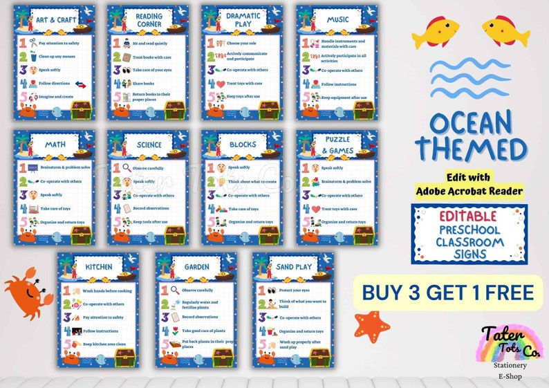 Preschool Classroom Centre Signs with Rules, Nautical Ocean Theme and Preschool Section Activities Editable PDF Template Custom Order