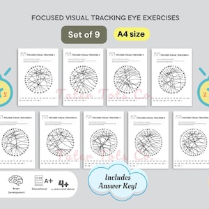 Może przedstawiać: Zestaw dziewięciu czarno-białych ćwiczeń śledzenia wzrokowego dla dzieci w wieku od 4 lat. Ćwiczenia mają na celu poprawę koncentracji, koordynacji wzrokowo-ruchowej i rozwoju mózgu. Drukowalne arkusze są w formacie A4 i zawierają klucz odpowiedzi.