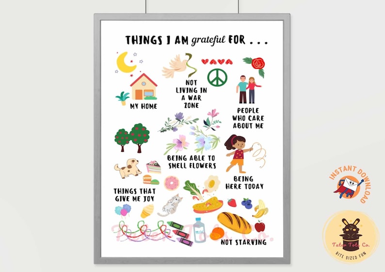 Positive Mindset Things I am grateful for poster, Words of Affirmation for Kids and Playroom Decoration Instant Download (PDF)