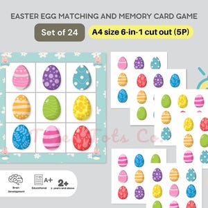 Ostereier und Memory Card Game - Gehirn- und Aufmerksamkeitstraining | Set mit 24 Musterpuzzles Sofortiger Download PDF