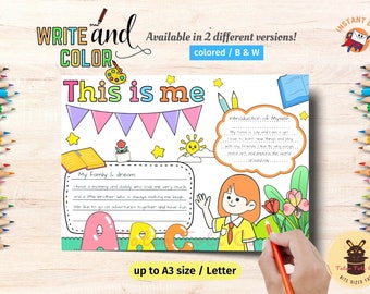 All About Me Girl Color Poster Template - Who Am I? Kids Self-Introduction Questionnaire PDF - Instant Download for Personal Expression